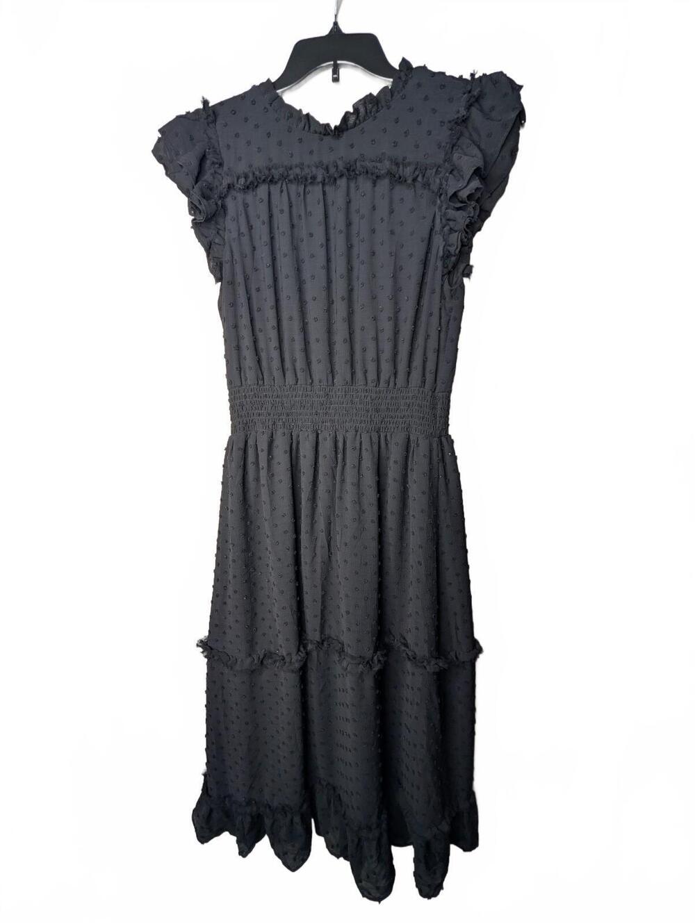 CeCe Black Swiss Dot Midi Dress with Ruffle Details, Size Large